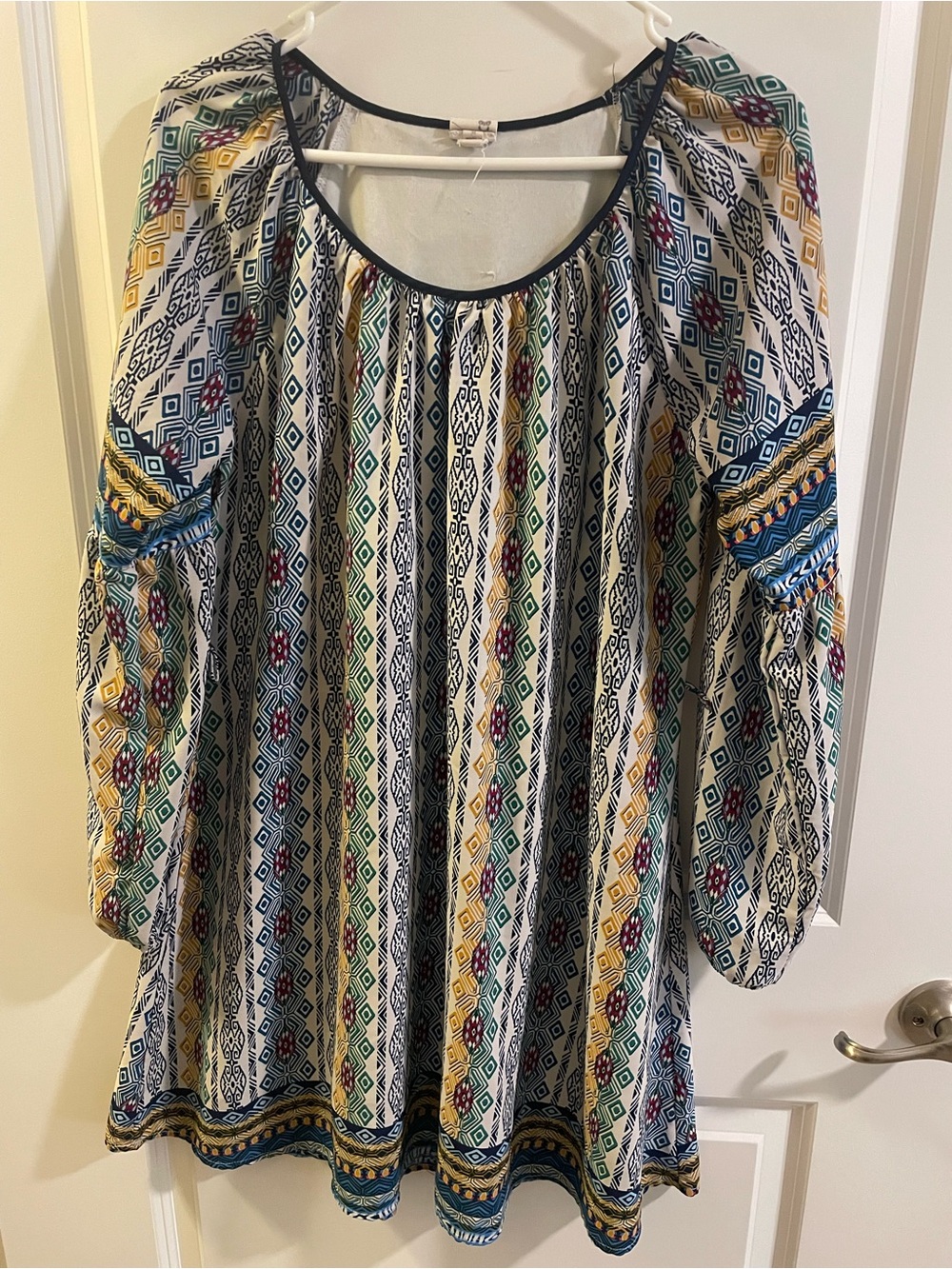 Boho Printed Peasant Dress - Long Sleeves Multicolor